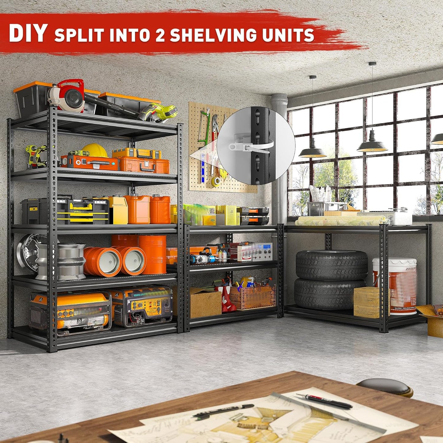 REIBII Garage Shelving 72" H, Storage Shelves Heavy Duty Load 2500 LBS, 5-Tier Metal Shelving Adjustable Garage Shelves for Warehouse, Basement, Pantry, Factory,72" H x36 W x18 D, Black