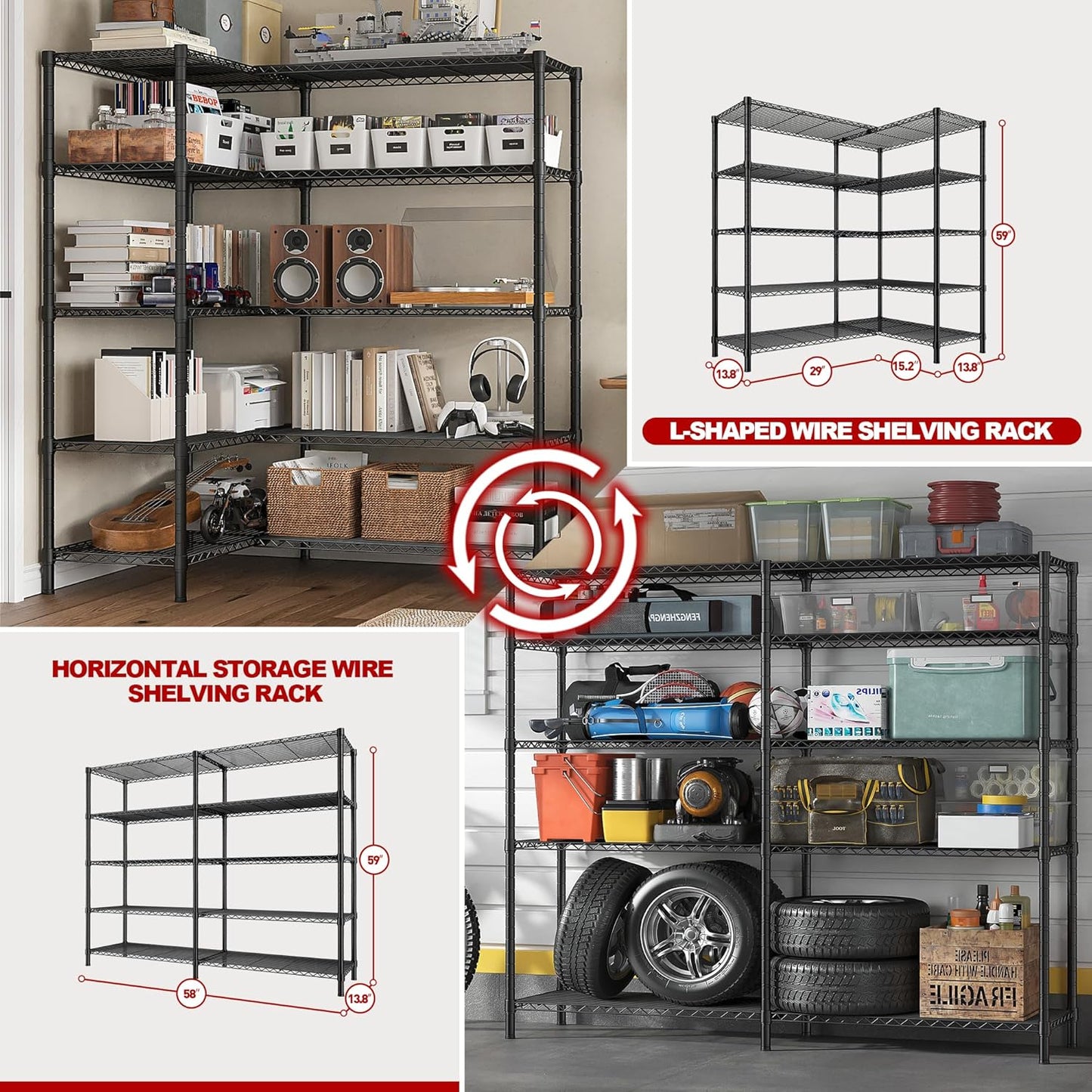 REIBII1450LBS Metal Shelving Unit Storage Shelves 5 Tier Wire Shelving 58.1''W Pantry Shelves Wire Shelf Adjustable Garage Shelving Heavy Duty Storage Rack for Pantry Kitchen Garage, Black,2 Pack