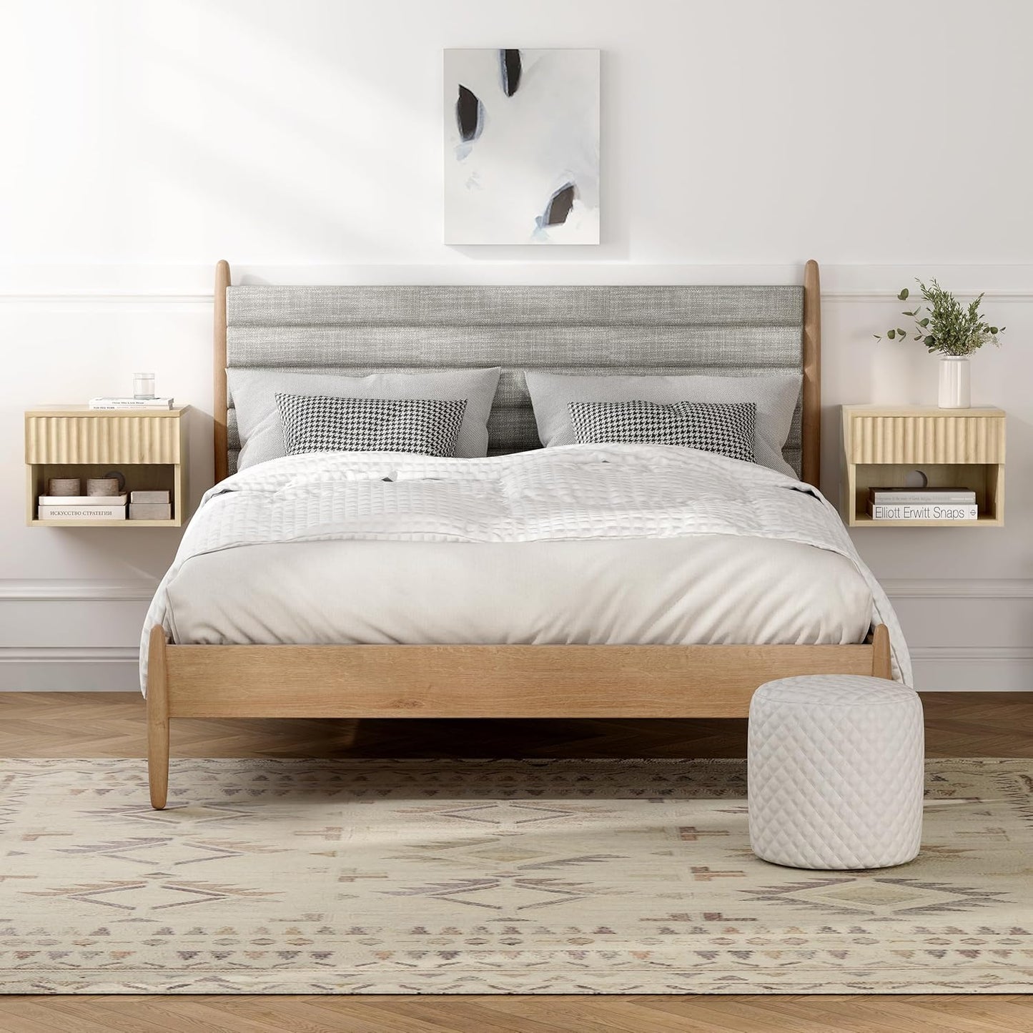 Floating Nightstands Set of 3 with Drawer and Open Shelf, Small Wall Mounted Bedside End Table, Modern Fluted Night Stand for Bedroom, Living Room, Light Oak