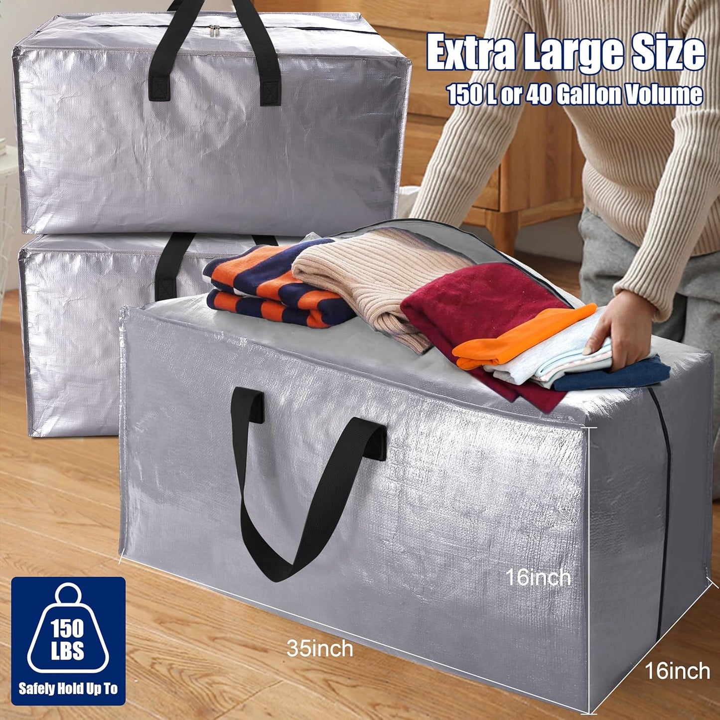 Cosy Family 8 Pack Heavy Duty Extra Large Moving Bags with Backpack Straps - Strong Handles & Zippers, Storage Totes For Space Saving, Fold Flat, Alternative to Moving Box (40 gal, Silver)