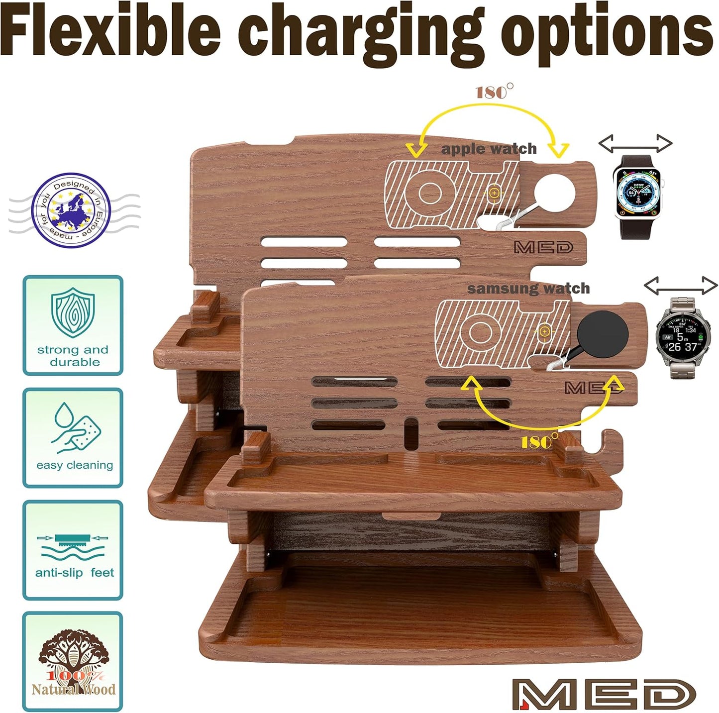 MED Wood Phone Docking Station – Nightstand Desk Organizer for Phone, Watch, Wallet & Tablet – Gift for Men, Husband, Dad & Women – Wooden Charging Stand, (Dark Walnut, Model 2)