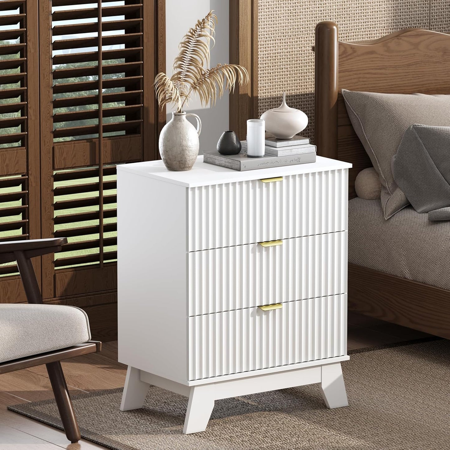 Night Stand Set 2, Bedside Table & End Table, Mid Century Modern Fluted Wood Nightstand with 3 Drawers & Metal Handles, Farmhouse Nightstand for Bedroom, White