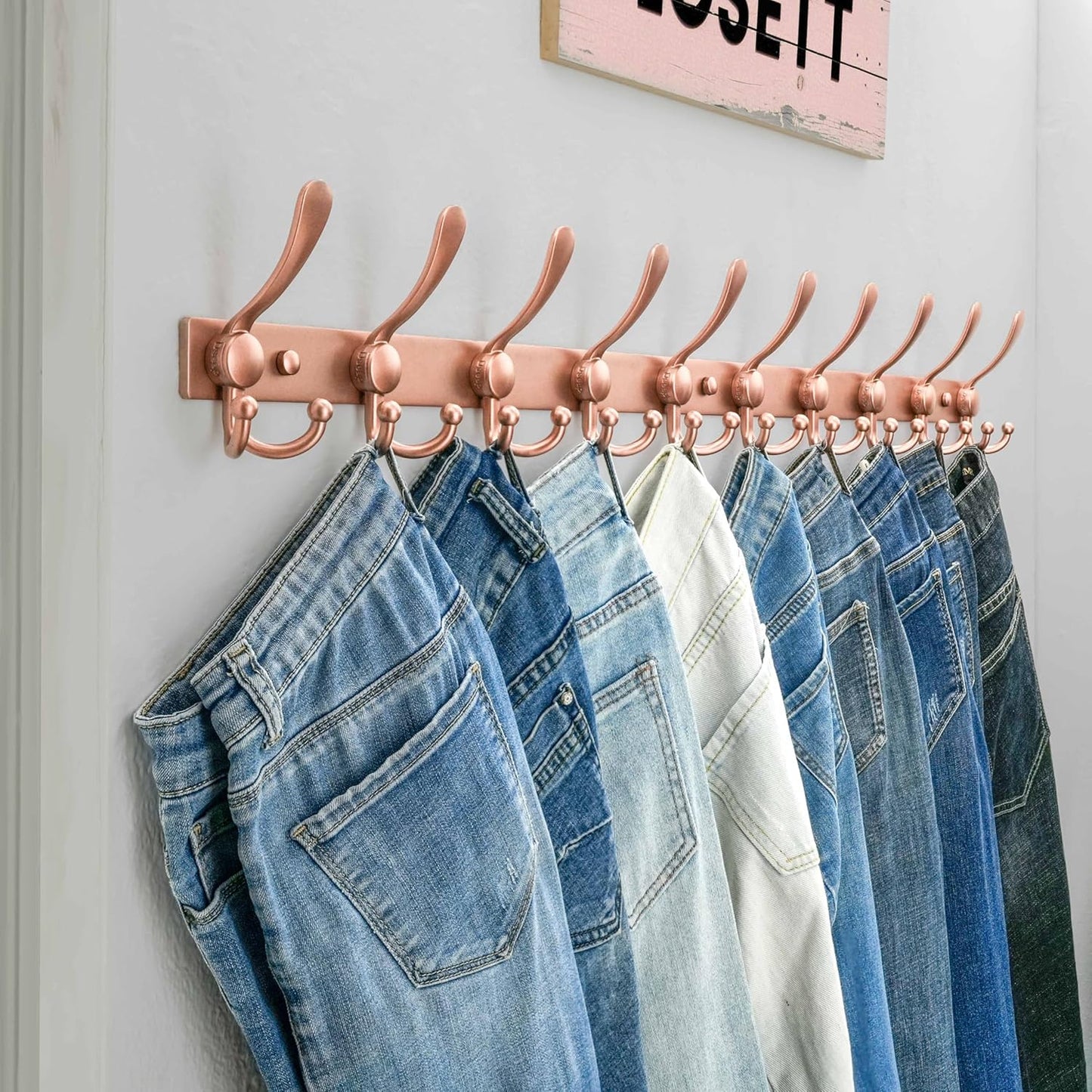 Dseap MaxStrong 2.0 Coat Rack Wall - 37” Long 10 Tri Hooks - Ultra Heavy-Duty Stainless Steel Wall Mount Coat Hanger, Hook Rail for Clothes Hats Jacket Towels Rose Gold