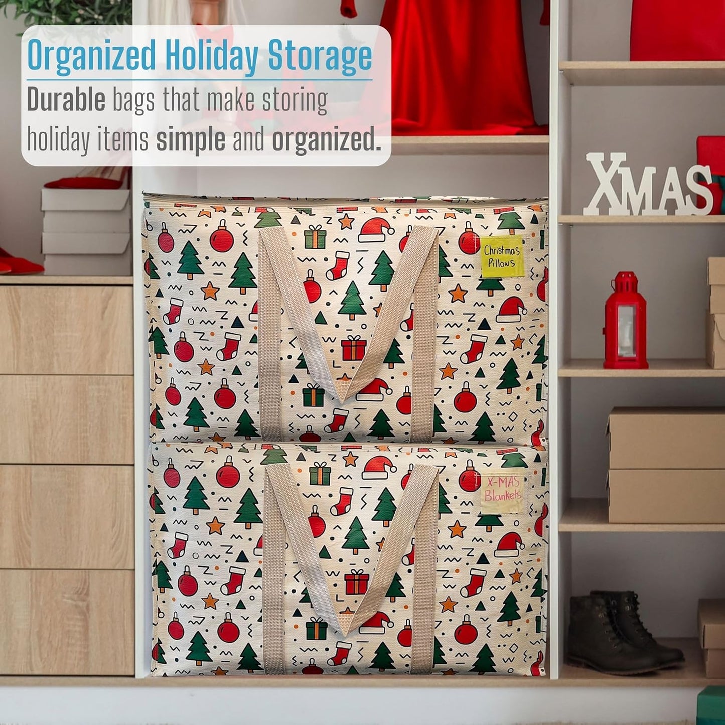 VENO 2 Pack Moving Bags and Large Christmas Storage Bins with lids. Alternative to Moving Boxes, Packing Supplies for College. Extra Large Heavy Duty Totes for Packaging (Jingle Mix, 2 Pack)