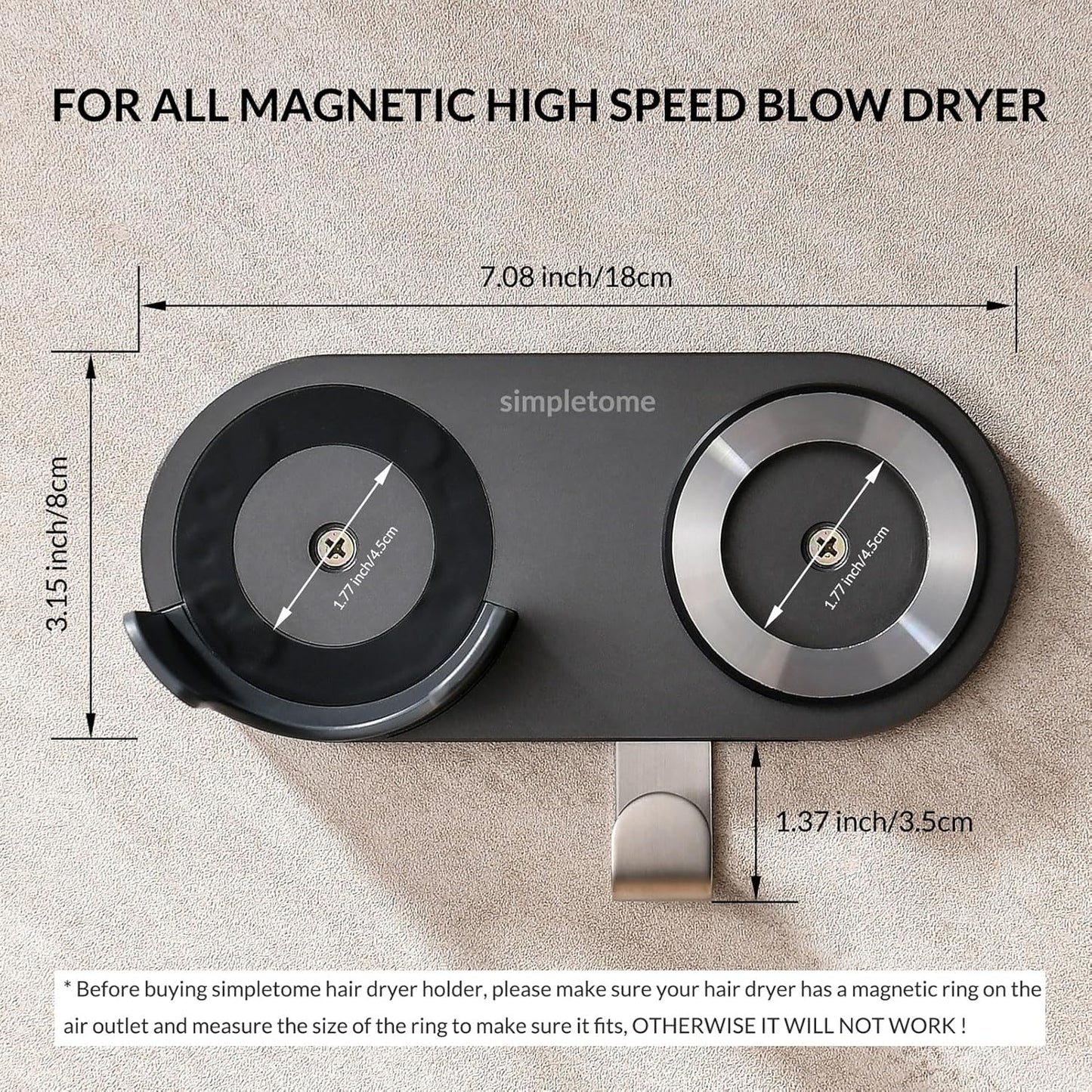 simpletome Hair Dryer Holder Wall Mount for All Magnetic High Speed Blow Dryer with Plug Cord Organizer Hook (ABS Plastic, Grey)