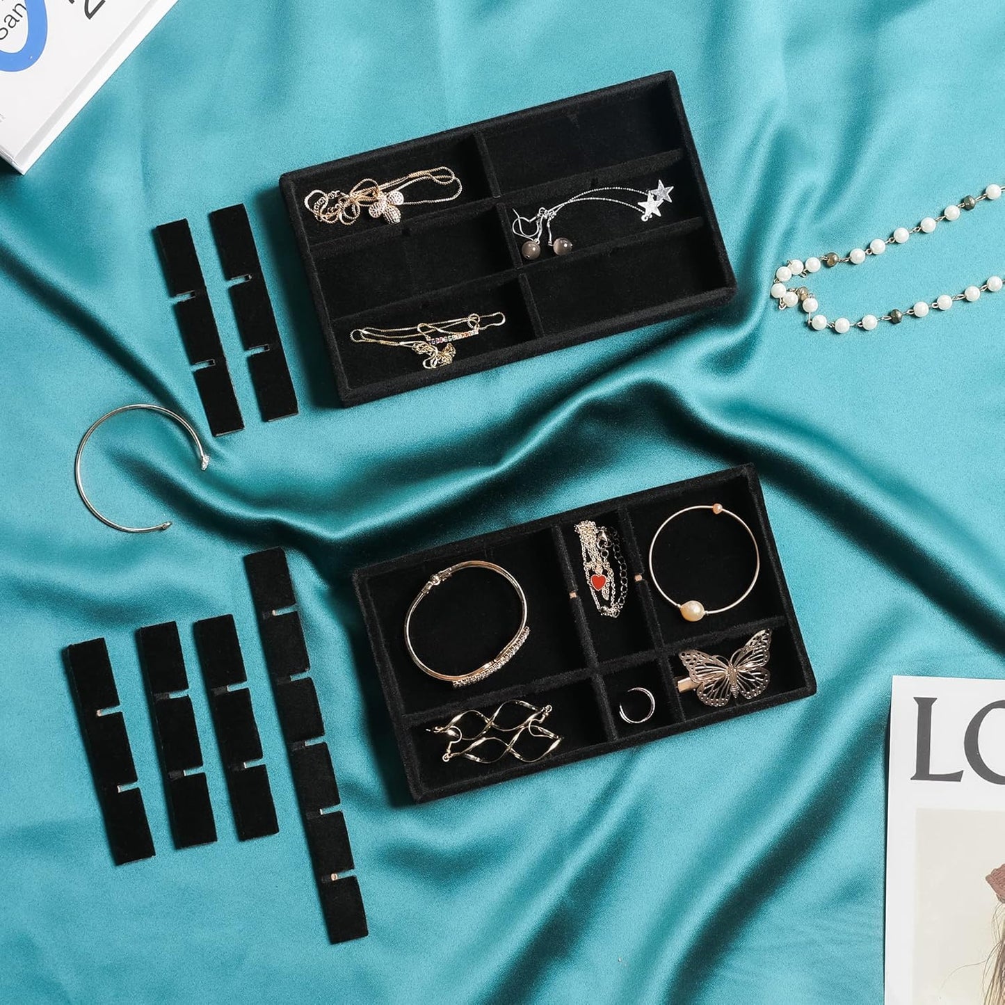 Frebeauty Jewelry Organizer Tray,Stackable Velvet Jewelry Trays,Drawer Inserts Earring Organizer For Women Jewelry Storage Display Case for Rings Stud Necklaces,Set of 9(Black)