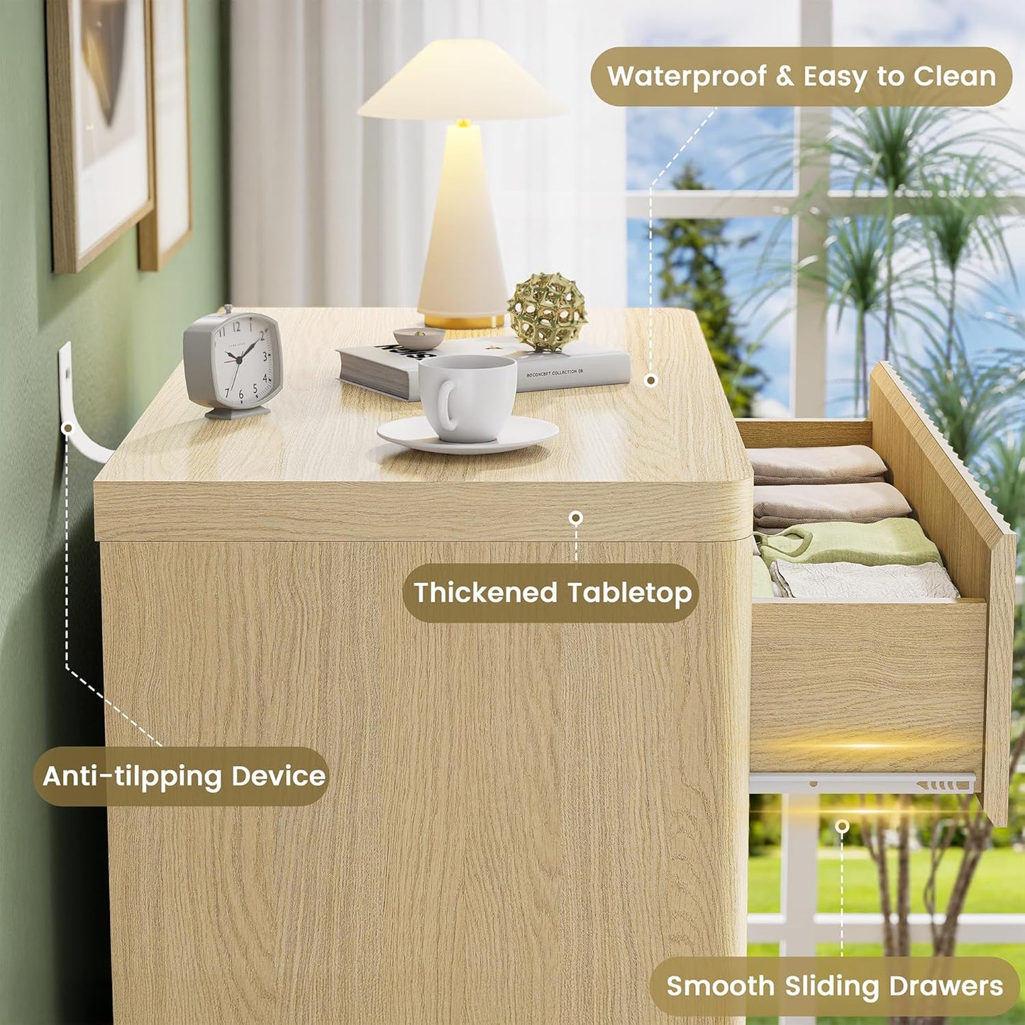 Fluted Nightstand with 3 Drawers, Wood Night Stand with Storage, 25" Wide Bedside Table, Modern Side Table for Bedroom, End Table for Living Room, Handleless Design, Curved Profile, Natural Oak 1PC