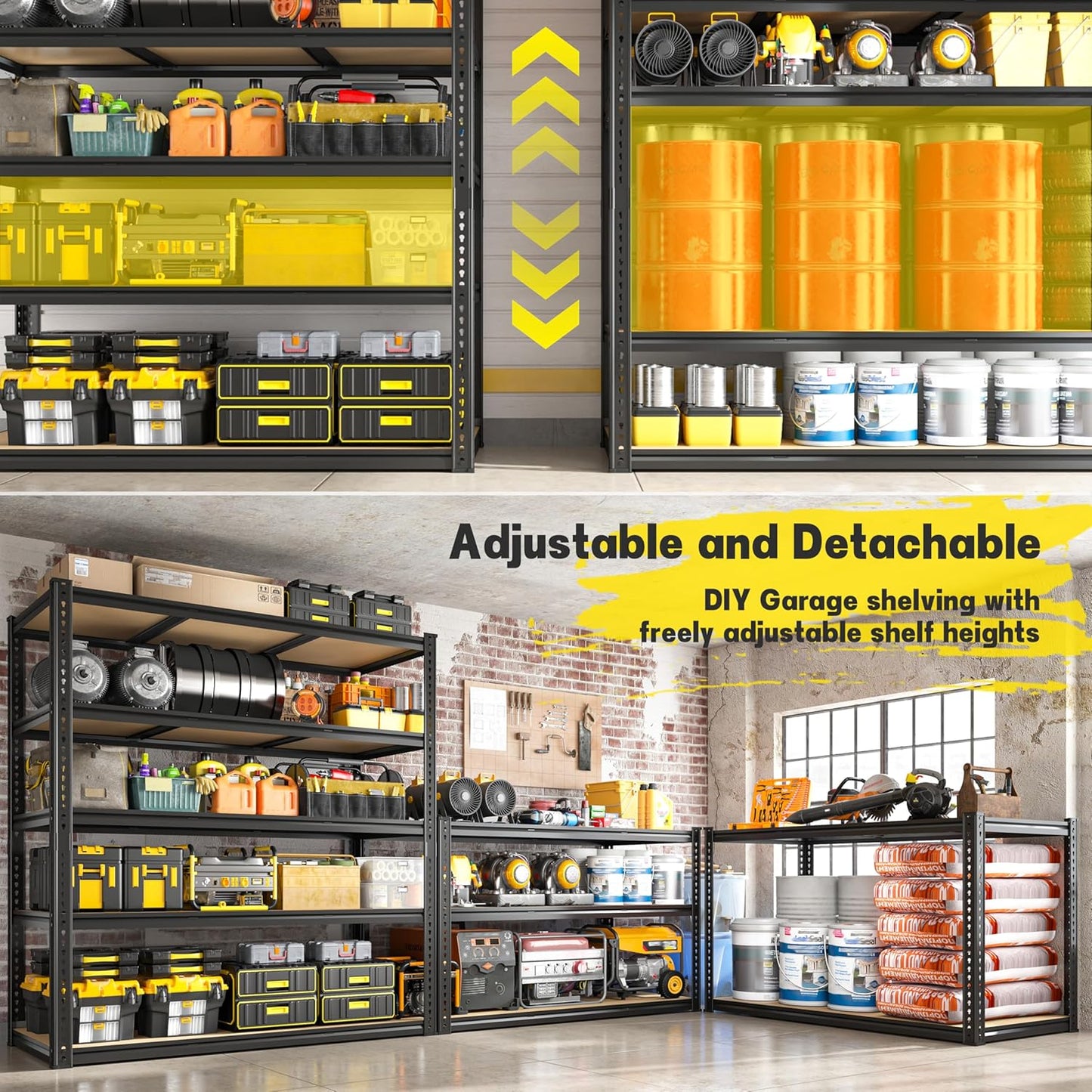 48" W Garage Shelving Heavy Duty 2800LBS Garage Storage Shelves, 5 Tier Adjustable Metal Shelving Unit Utility Rack Shelf for Warehouse, Pantry, Closet, Kitchen 72" H x 48" W x 18" D, Black,2PCS