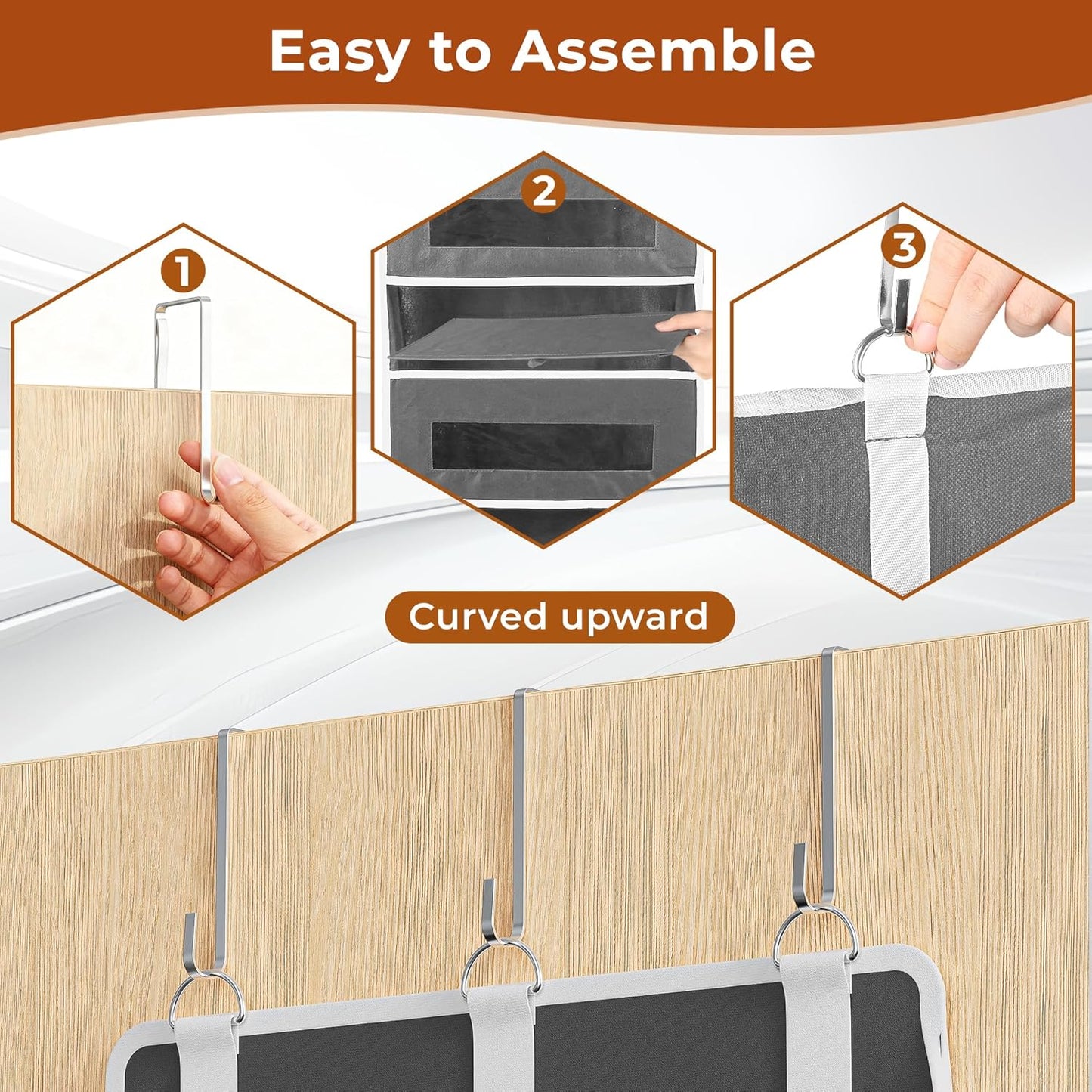 2 Packs 5-Tier Over the Door Organizer with 10 Side Mesh Pockets, 48 lbs Load Capacity, 3 Hooks Design, Hanging Storage Organizer with Clear Windows for Bathroom, Bedroom, Nursery, Kitchen-Grey