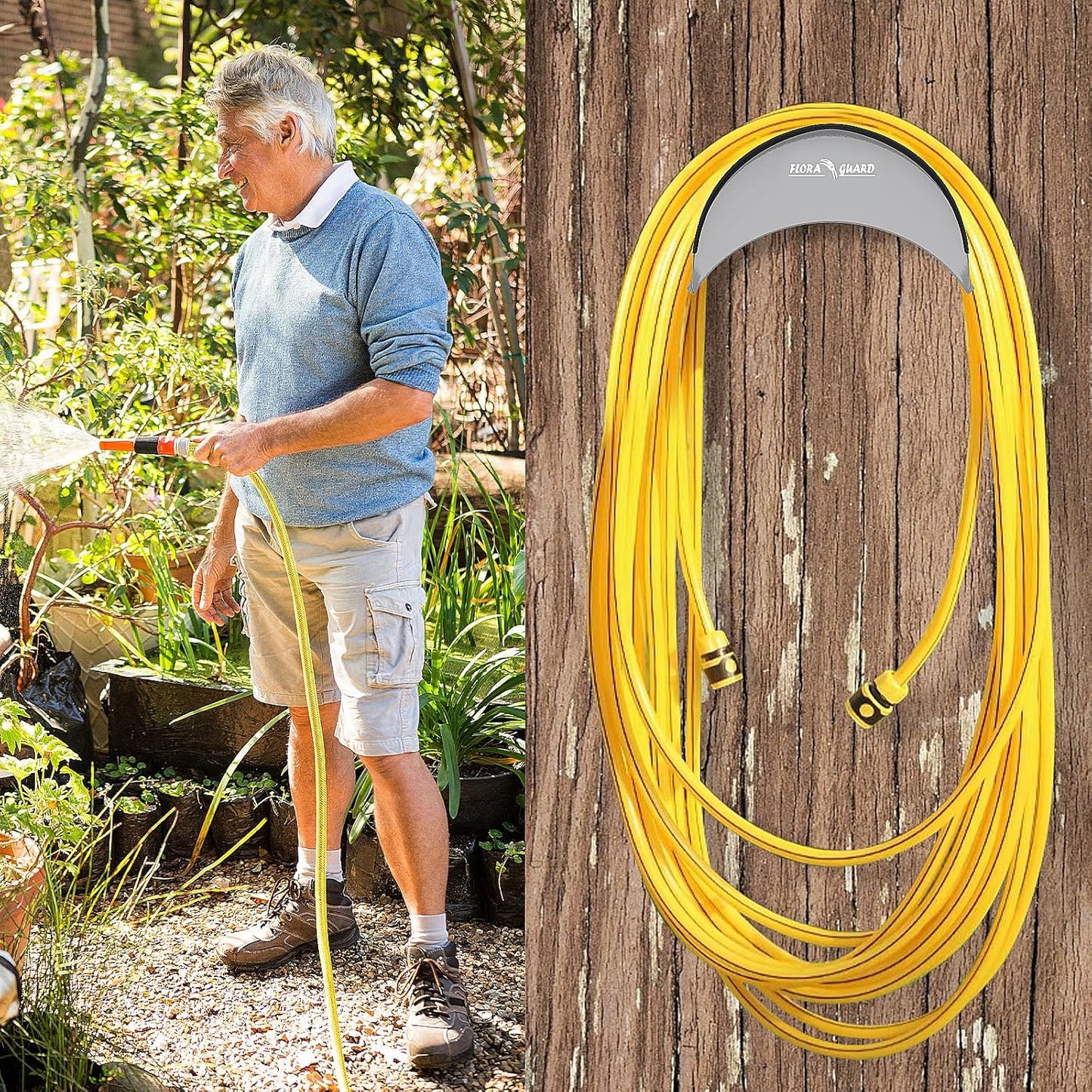 FLORA GUARD Garden Hose Holder, Heavy-Duty Metal Hose Hanger, Holds Up to 125 ft, Gaeden Hose Wall Mount for Outdoor Patio, Rust and Slip Resistant (Gray)