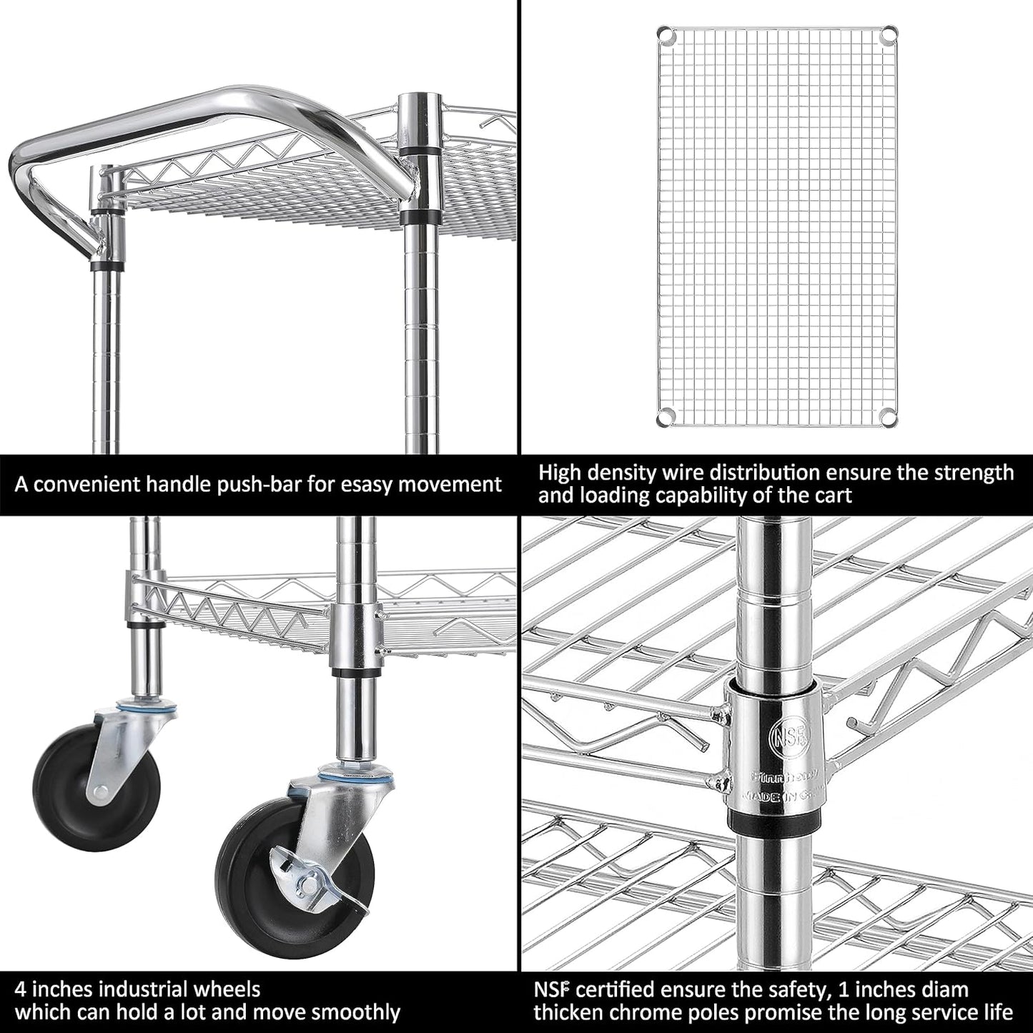 Finnhomy 3 Tier Heavy Duty Commercial Grade Utility Cart, Wire Rolling Cart with Pushing Handle Bar, Steel Metal Kitchen Service Trolly with Wheels, Shelf Size 18" D x 36" W, NSF, Chrome