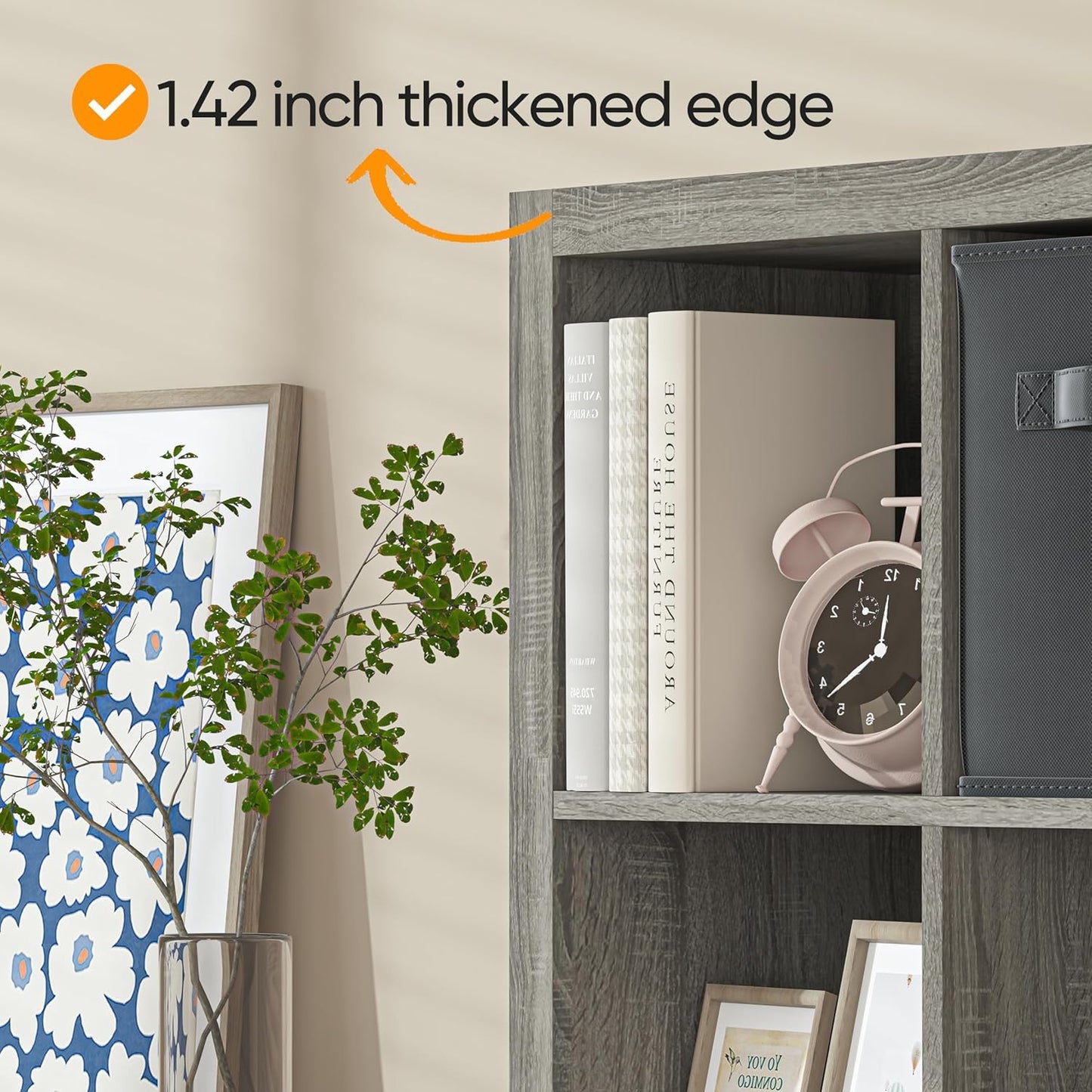 furtble Bookshelf with Storage Bins, 12-Cube Storage Organizer, Modern Wood Open Bookcase, Multifunctional Display Shelf for Living Room, Bedroom, Home Office, Gray Oak