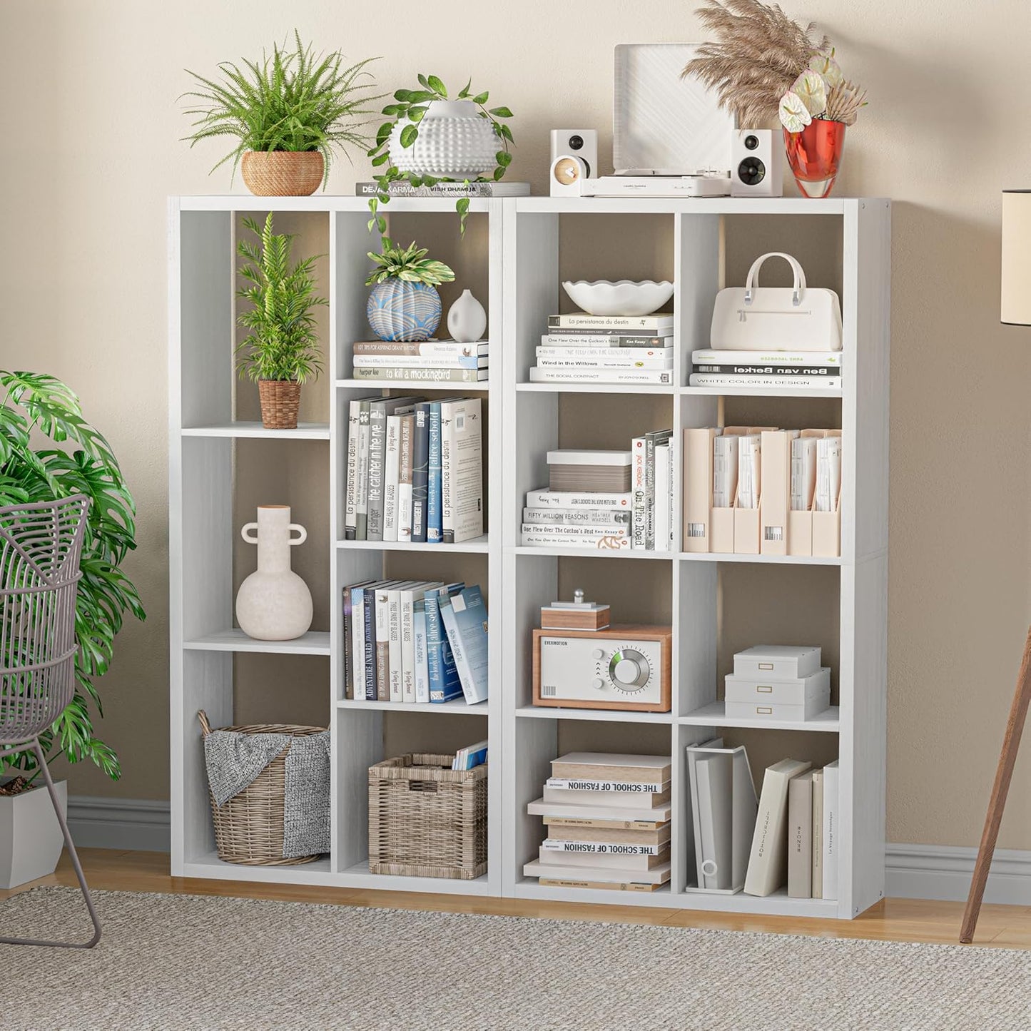 Cube Storage Organizer Bookcase, Decorative 11 inch Open Back Cubical Shelf with Thickened Border, Display Bookshelf for Living Room, Home Office, Sturdy Room (White, 8 Cube)