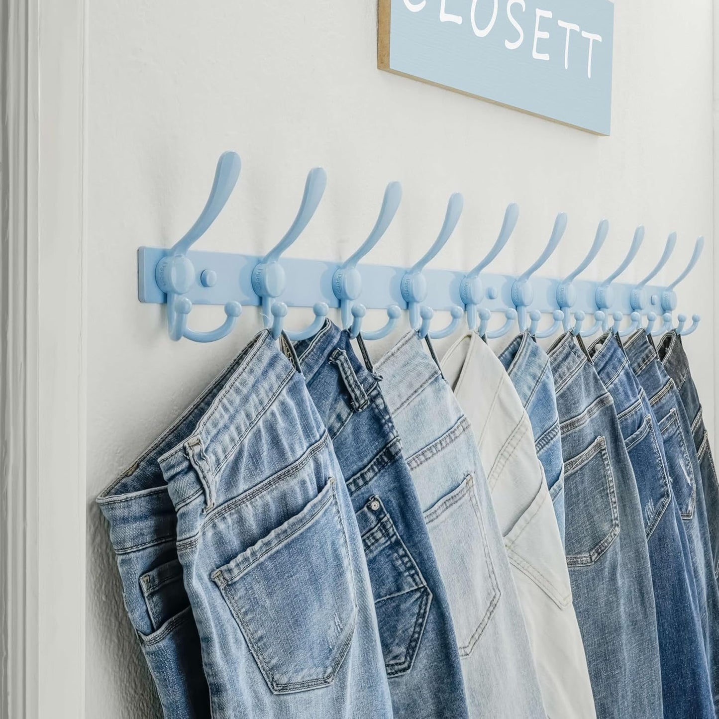Dseap MaxStrong 2.0 Coat Rack Wall - 37” Long 10 Tri Hooks - Ultra Heavy-Duty Stainless Steel Wall Mount Coat Hanger, Hook Rail for Clothes Hats Jacket Towels Blue, Pack of 2