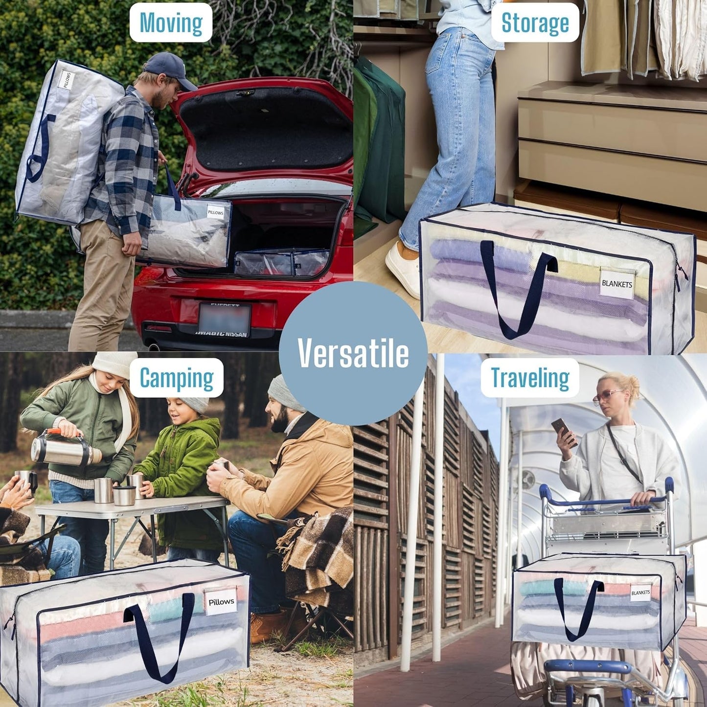 VENO 6 Pack Moving Bags w/Backpack Straps, Heavy Duty, Moving Boxes Alternative, Packing Supplies, Large Storage Totes for Dorm Room Essentials with Zipper for Clothes (Clear, 6 Pack)
