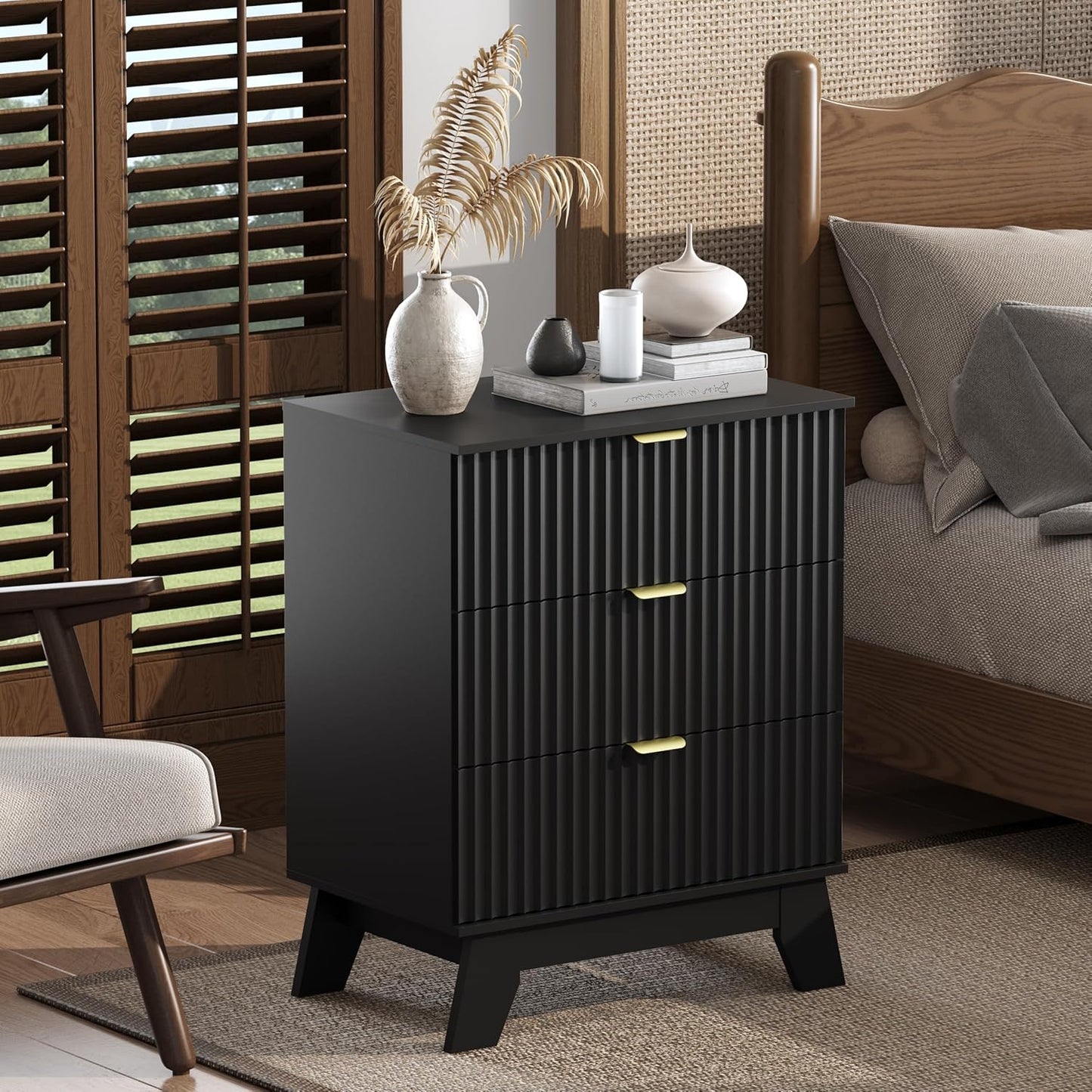 Night Stand Set 2, Bedside Table & End Table, Mid Century Modern Fluted Wood Nightstand with 3 Drawers & Metal Handles, Farmhouse Nightstand for Bedroom, Black