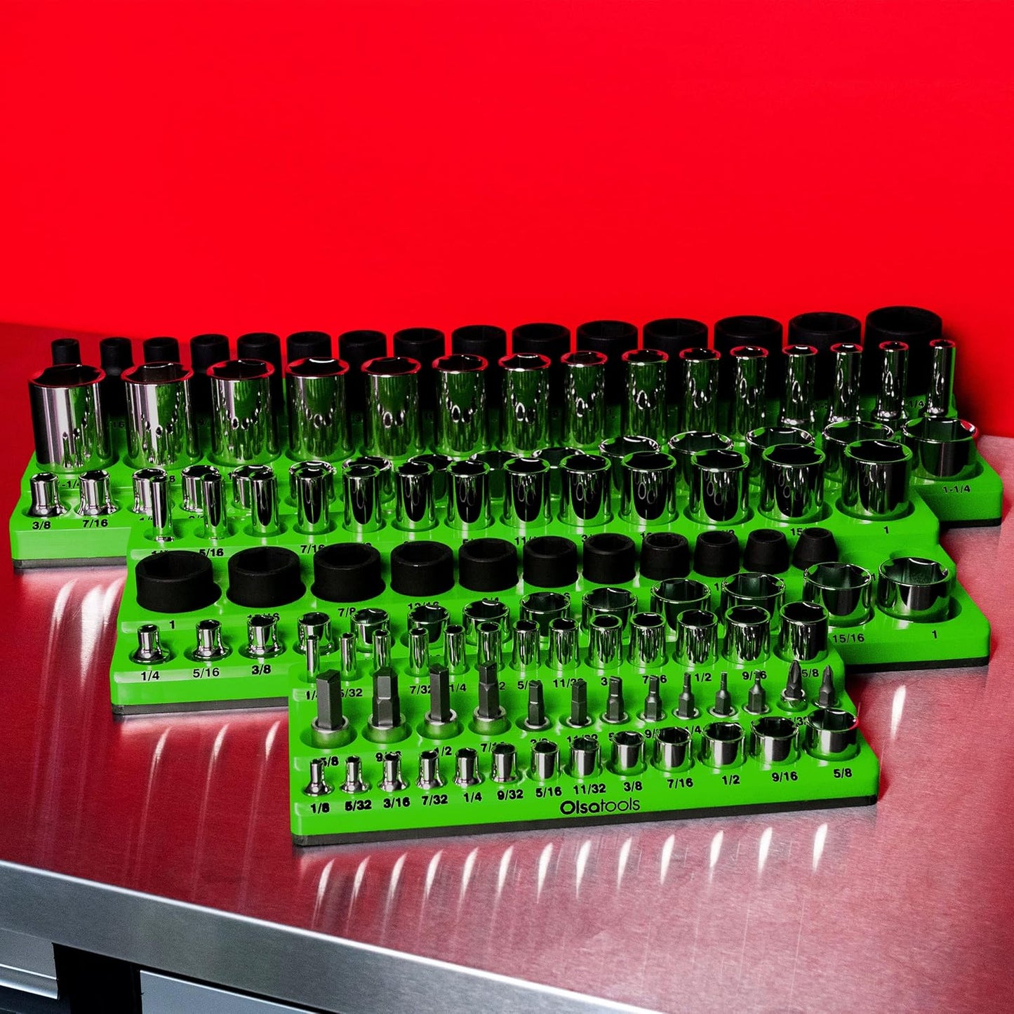 Olsa Tools Magnetic Socket Organizer | 6pc Socket Holder Kit | 1/2-Inch, 3/8-Inch, & 1/4-Inch Drive | Socket Organizers For Toolboxes | Green | Holds 273 | Professional-Grade Tool Organizer |Part 1668
