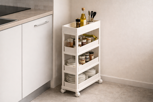 Slim vertical rolling cart placed in a narrow kitchen gap with clearly grouped items, showing efficient small space organization and easy access structure