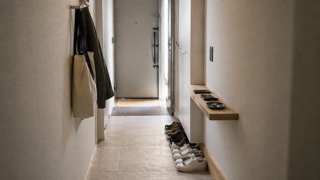 Narrow apartment entryway with wall hooks, shelf, and aligned shoes showing efficient organization through clear movement flow and structured placement