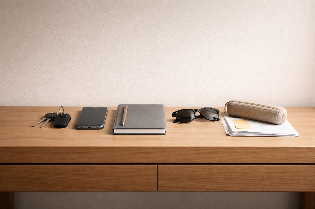 High-end 16:9 horizontal image of a minimalist console surface with six evenly spaced everyday items placed close together, showing clean but visually overloaded surface density and controlled placement structure