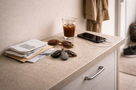 Everyday items like keys, phone, sunglasses, mail, and a cup naturally spread across a small surface without defined placement, showing how clutter builds quickly in small spaces due to lack of structure
