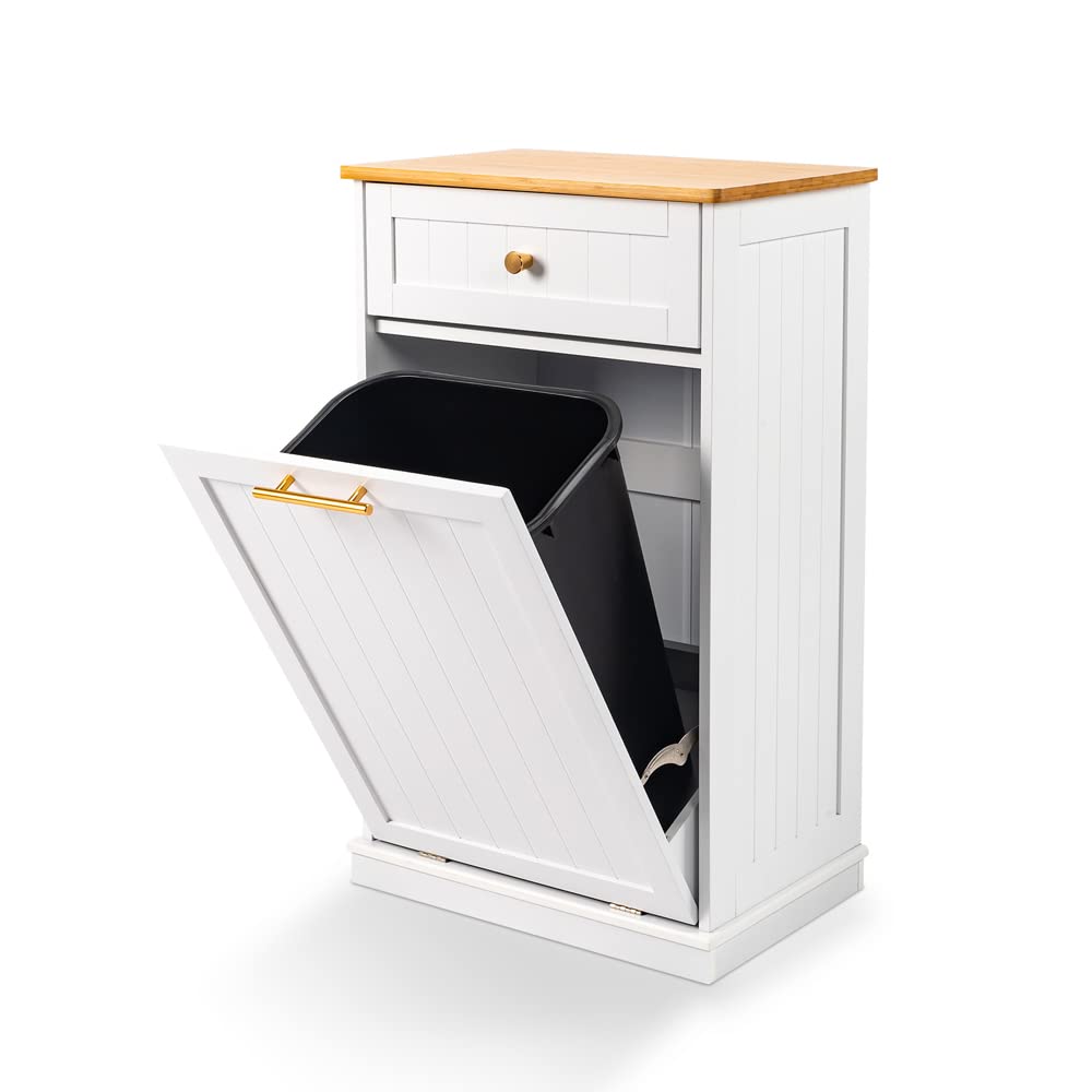 VINGLI Tilt Out Trash Cabinet, Garbage Can Cabinet with Drawer, 10 Gallon Movable/Freestanding Pet Proof Storage Organizer, Modern Trash Can Kitchen Cabinet, Living Room Storage, White