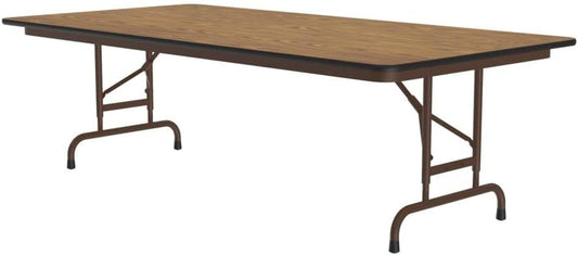 Correll Heavy Duty Adjustable Height Utility Folding Table, Melamine Top, USA Made, Strong Steel Apron, 30"x96", Medium Oak Top Brown Edge