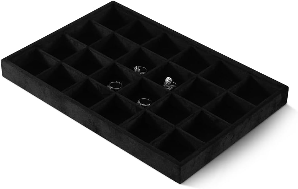 Velvet Stackable Jewelry Display Tray, 24 Grid Earring Ring Storage Tray, Drawer Divider Jewelry Accessories Organizer Plate (Black)