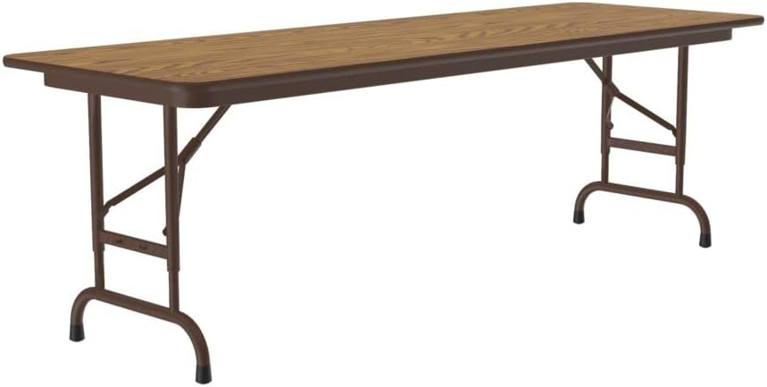 Correll Heavy Duty Adjustable Height Utility Folding Table, Melamine Top, USA Made, Strong Steel Apron, 24"x72", Medium Oak Top Brown Edge