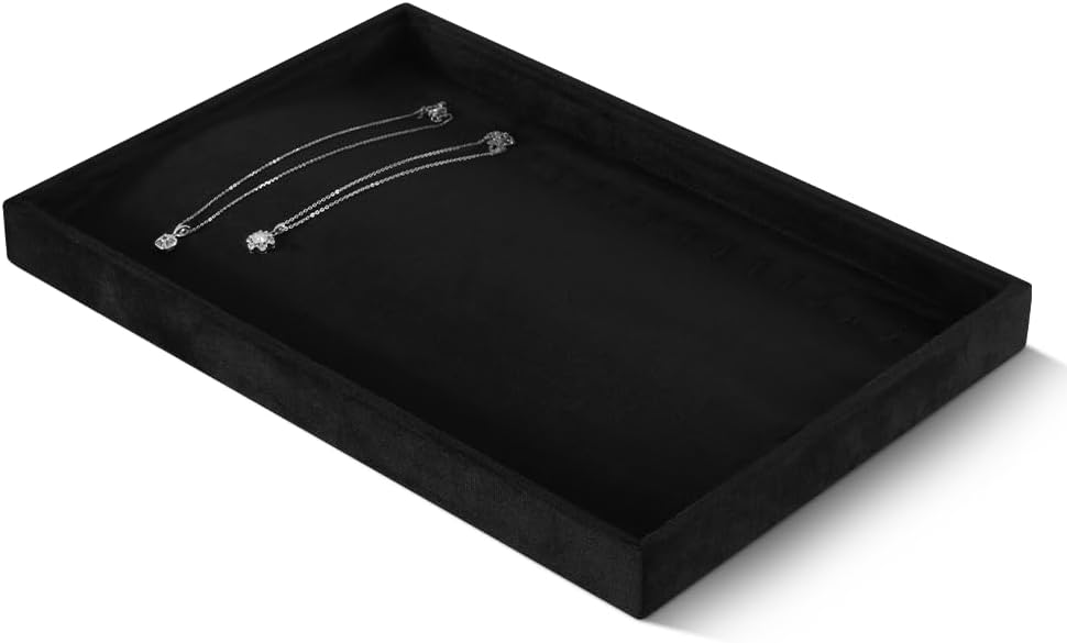 Velvet Jewelry Display Tray For Bracelet Pendant Necklace, Multi-Slot Stackable Storage Tray For Long Chain Jewelries, Drawer Insert Jewelry Organizer (Black)