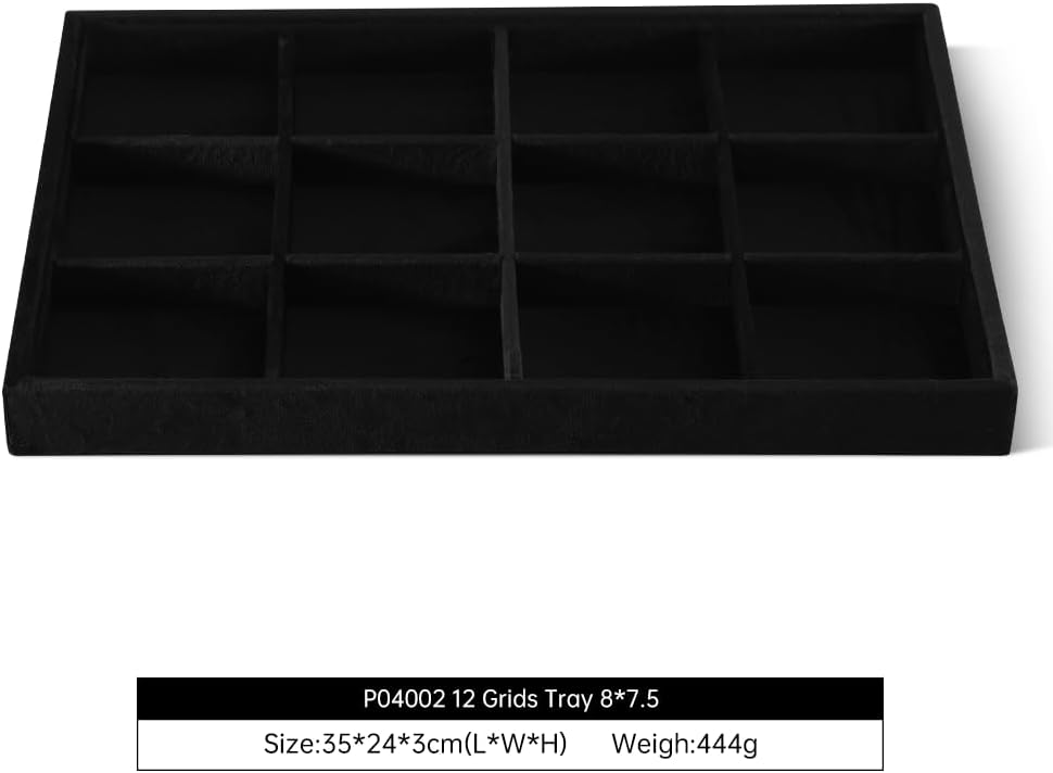 Velvet Stackable Jewelry Display Tray, 12 Grid Watch Bangle Bracelet Storage Tray, Makeup Drawer Insert Jewelry Shop Organizer Plate (Black)