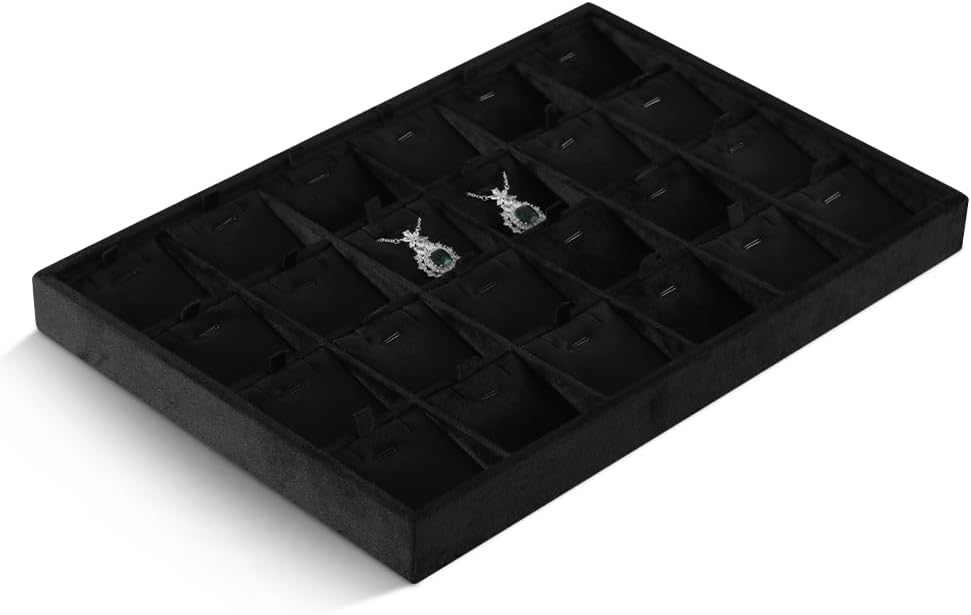 Velvet Necklace Display Tray, Stackable 24 Grid Insert Pendant Necklaces Storage Holder Plate, Jewelry Retail Countertop Organizer (Black)