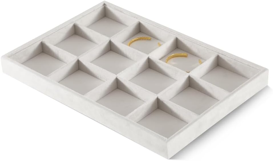 Velvet Stackable Jewelry Display Tray, 12 Grid Watch Bangle Bracelet Storage Tray, Makeup Drawer Insert Jewelry Shop Organizer Plate (White)