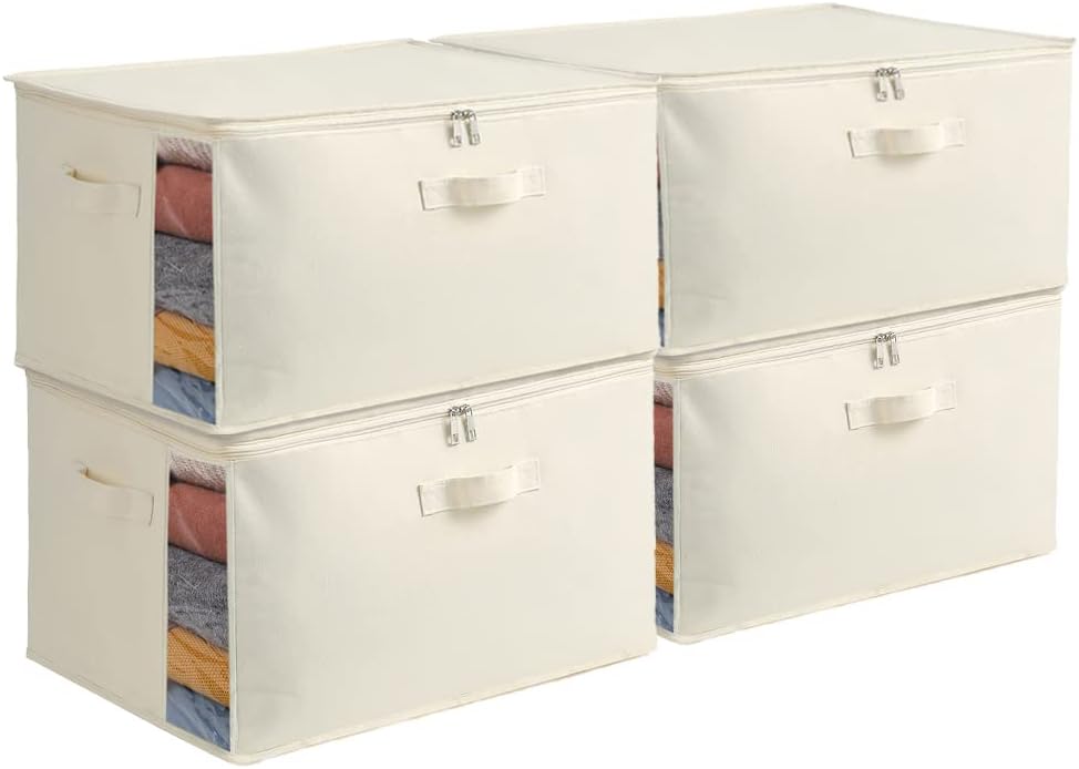 4 Pack Large Canvas Comforter Storage Bags Closet Organizer for Clothes Sweater Clothes Organizer with Dual Zipper Three Carrying Handles for Blanket Closet Storage Container