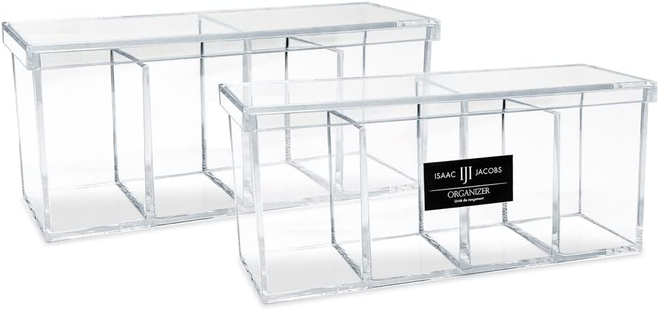 Isaac Jacobs 2-Pack 4-Compartment Clear Acrylic Organizers with Lid (9” L x 3” W x 4” H), Makeup Brush Holder, Sectional Tray, Storage Solution for Makeup, Crafts, Office Supplies & More (2, Clear)