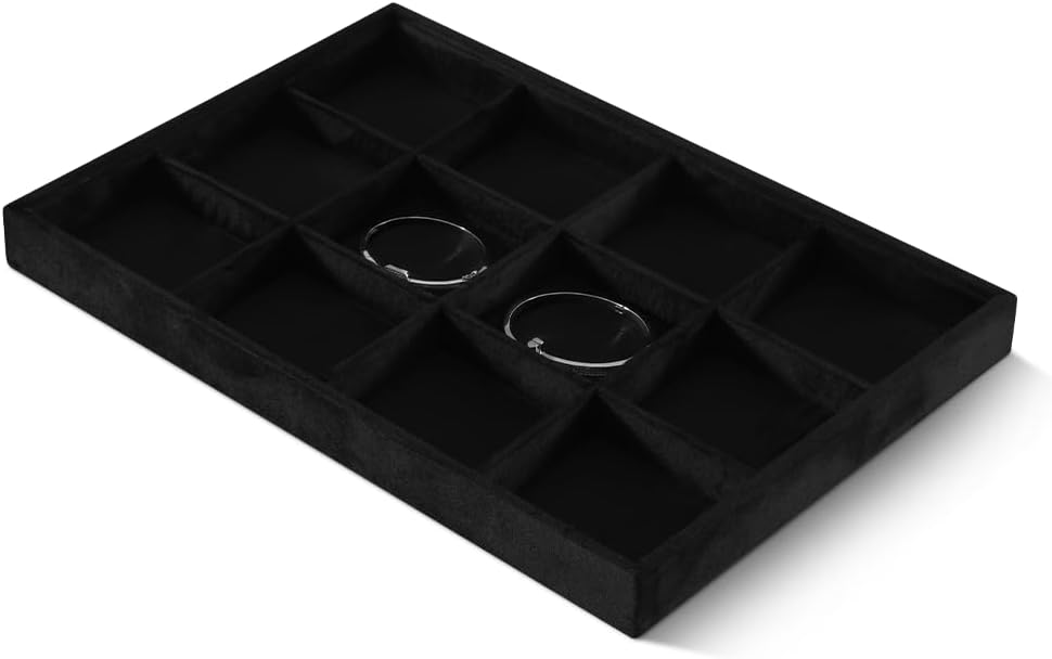 Velvet Stackable Jewelry Display Tray, 12 Grid Watch Bangle Bracelet Storage Tray, Makeup Drawer Insert Jewelry Shop Organizer Plate (Black)