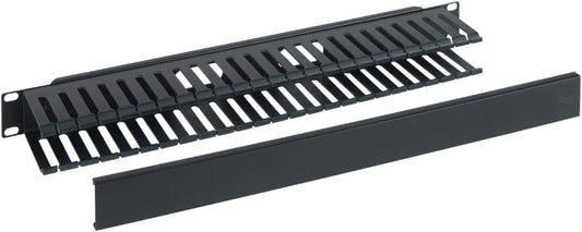 ICC 1U Finger Duct Cable Manager Panel with Cover, Plastic with Metal Back Frame, 3" Depth, Horizontal Cable Management, Rackmount for 19” Network Racks, Black, Single Pack