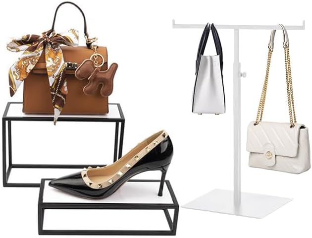 Purse Display Stand T Shaped, Countertop Jewelry/Scarf/Handbag T-Bar Display Stand, Tabletop Double Hook Hanging Stands for Long Necklaces, Metal with Adjustable Height - White