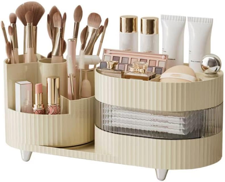 360° Rotating Cosmetic Organizer,3-Layer Display Cabinet With Brush Holder And Drawer,12 x 11 x 4 inches(Cream White)