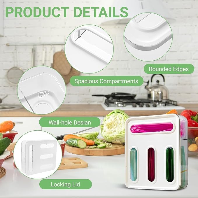 4-in-1 Food Storage Bag Organizer – Holds Gallon, Quart, Sandwich, Snack & Slider Bags – Plastic Baggie Holder for Drawer or Wall Mount – Ships from Local Warehouse