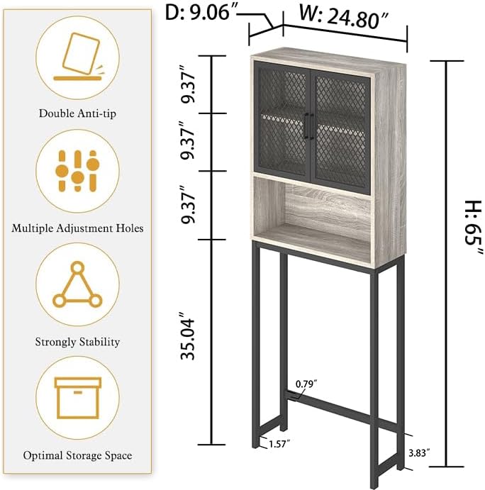 Launica Bathroom Space Saver, Over The Toilet Storage Cabinet, Metal and Wood Industrial Organizer Stand Above Toilet, Freestanding Rack Behind Toilet Wtih Shelf, Light Grey Oak