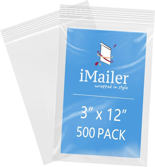 iMailer - 3" x 12" 500 Pack- 2 Mil Resealable Zip Bags- Small Clear Plastic Bags for Storage, Organizing, Crafts, Snacks, Jewelry, Hardware