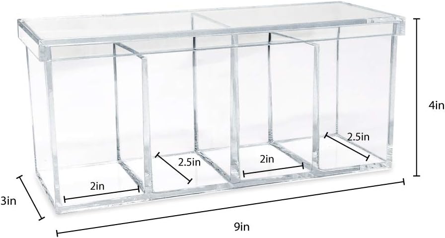 Isaac Jacobs 2-Pack 4-Compartment Clear Acrylic Organizers with Lid (9” L x 3” W x 4” H), Makeup Brush Holder, Sectional Tray, Storage Solution for Makeup, Crafts, Office Supplies & More (2, Clear)
