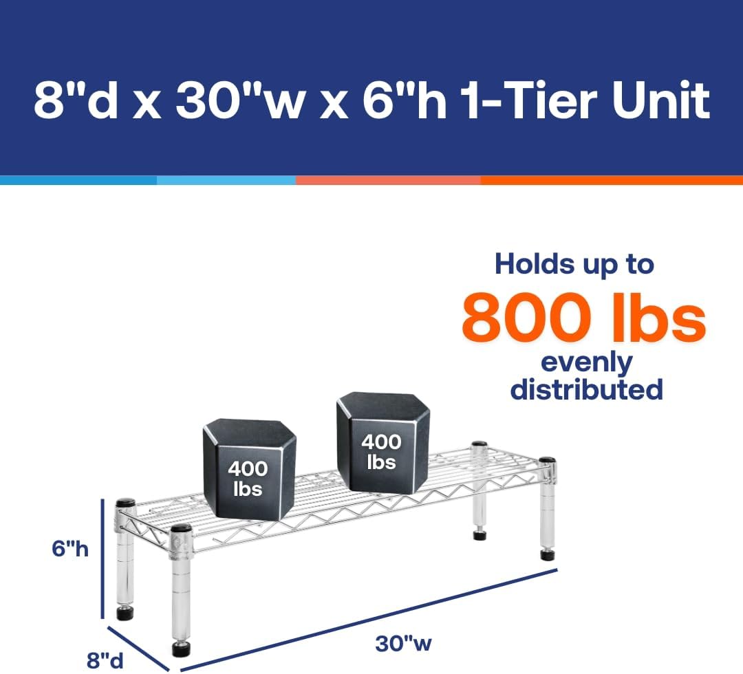 Shelving Inc. 8" d x 30" w Chrome Wire Shelving with 1 Tier Shelf, Weight Capacity 800lbs Per Shelf