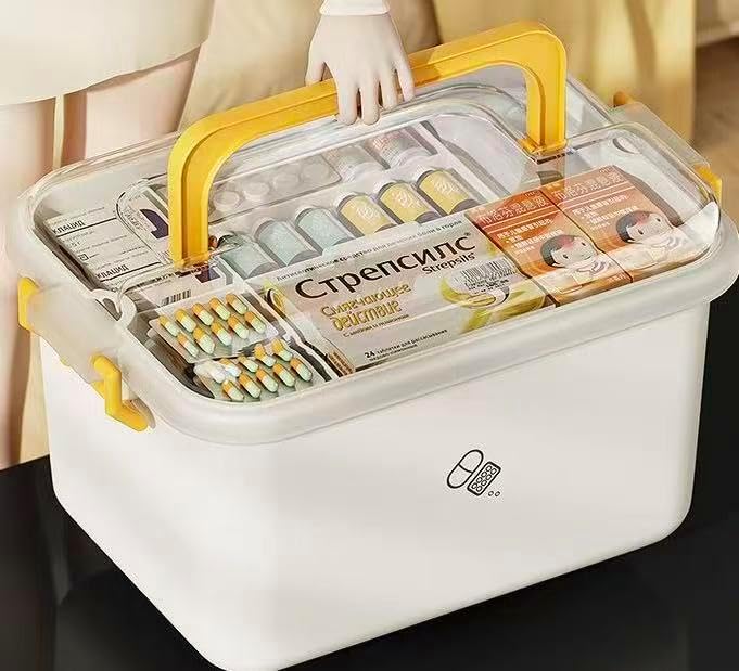 Plastic Medicine Storage Organizer & First Aid Box, Medicine Box with Handles, Multipurpose Medical Supply Organizer with Removable Tray for Home, Office & Travel（small）