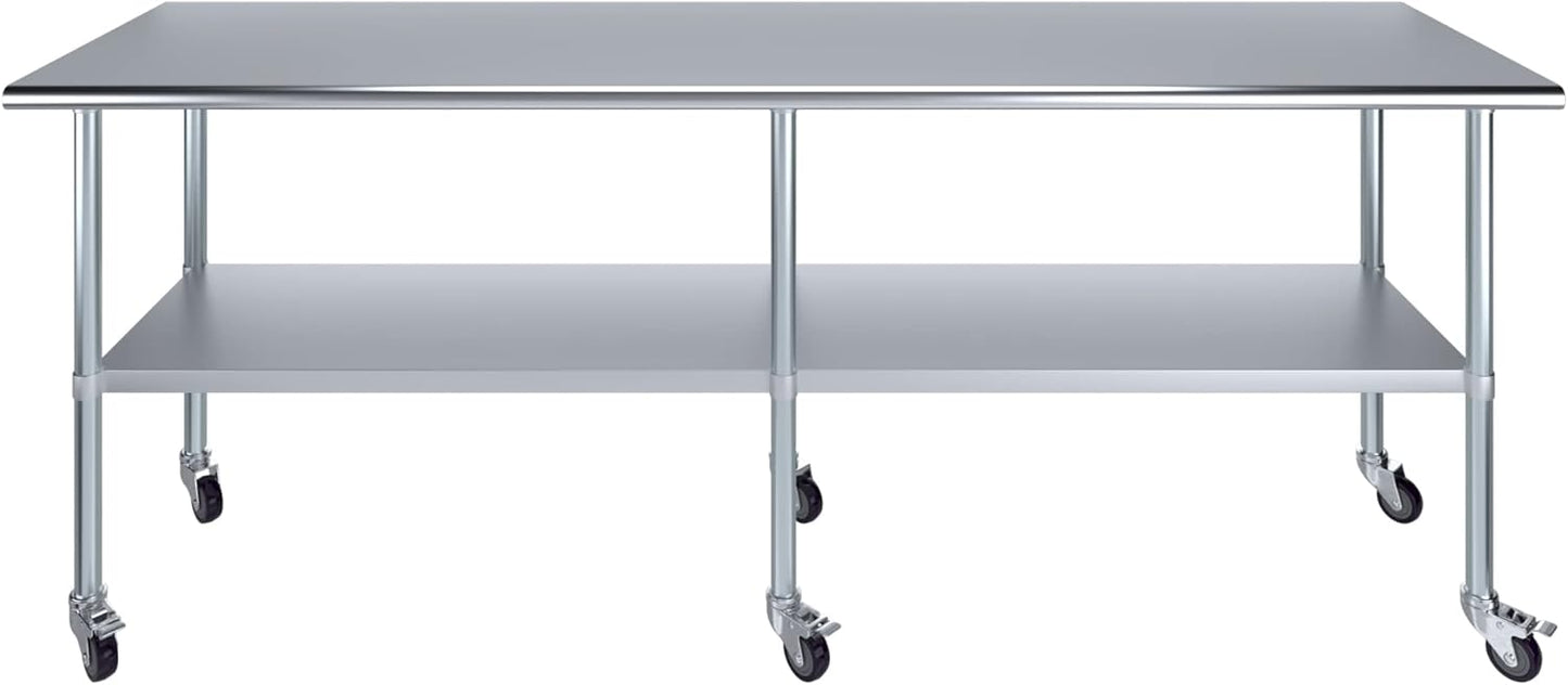 AmGood 96" Long x 24" Deep Stainless Steel Table with Casters