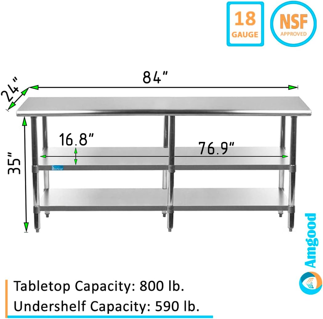 AmGood Stainless Steel Work Table with 2 Shelves | NSF | Metal Utility Table (84" Long x 24" Deep)