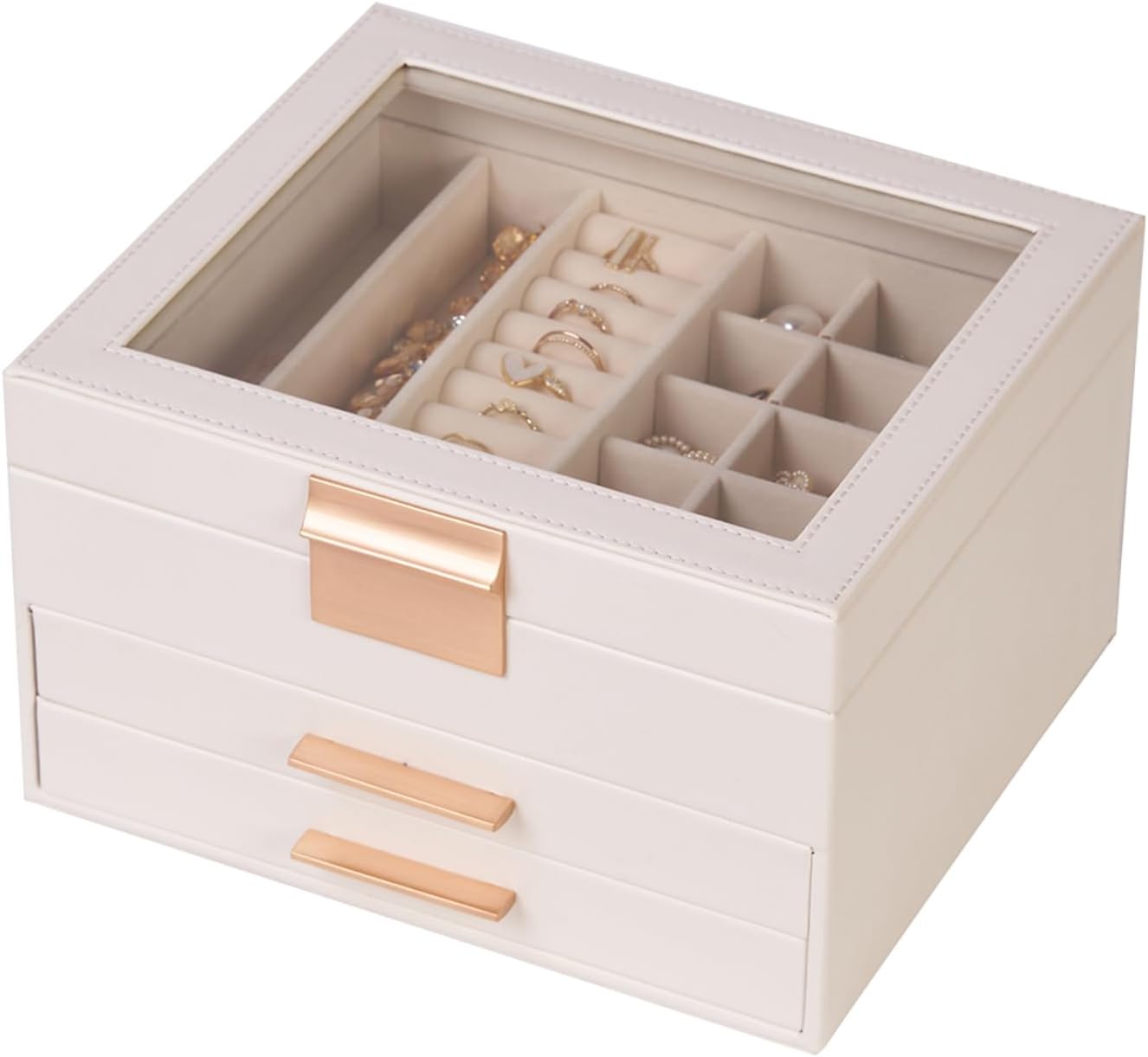 Jewelry Box Organizer with Glass Lid, 3-Layer Jewelry Storage, with 2 Drawers, Modern Style, 8 x 9.1 x 5.3 Inches (White)