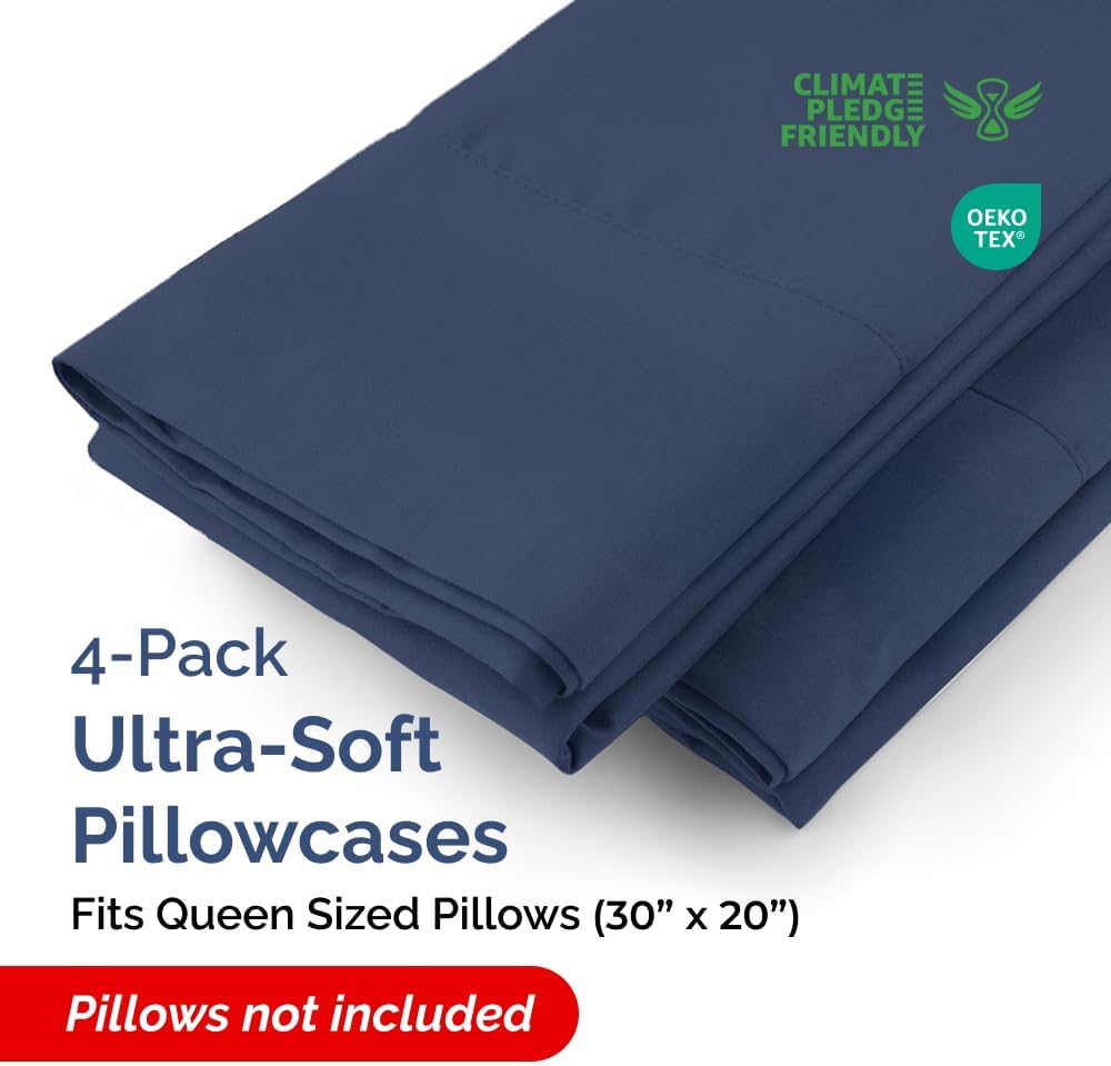 Queen Pillow Cases - 4 Pack - Super Soft Pillowcase Covers - Envelope Enclosure - Hotel Quality Pillow Protectors - Wrinkle Free, Shrink & Stain Resistant - Machine Washable - 20" x 30" (Navy Blue)