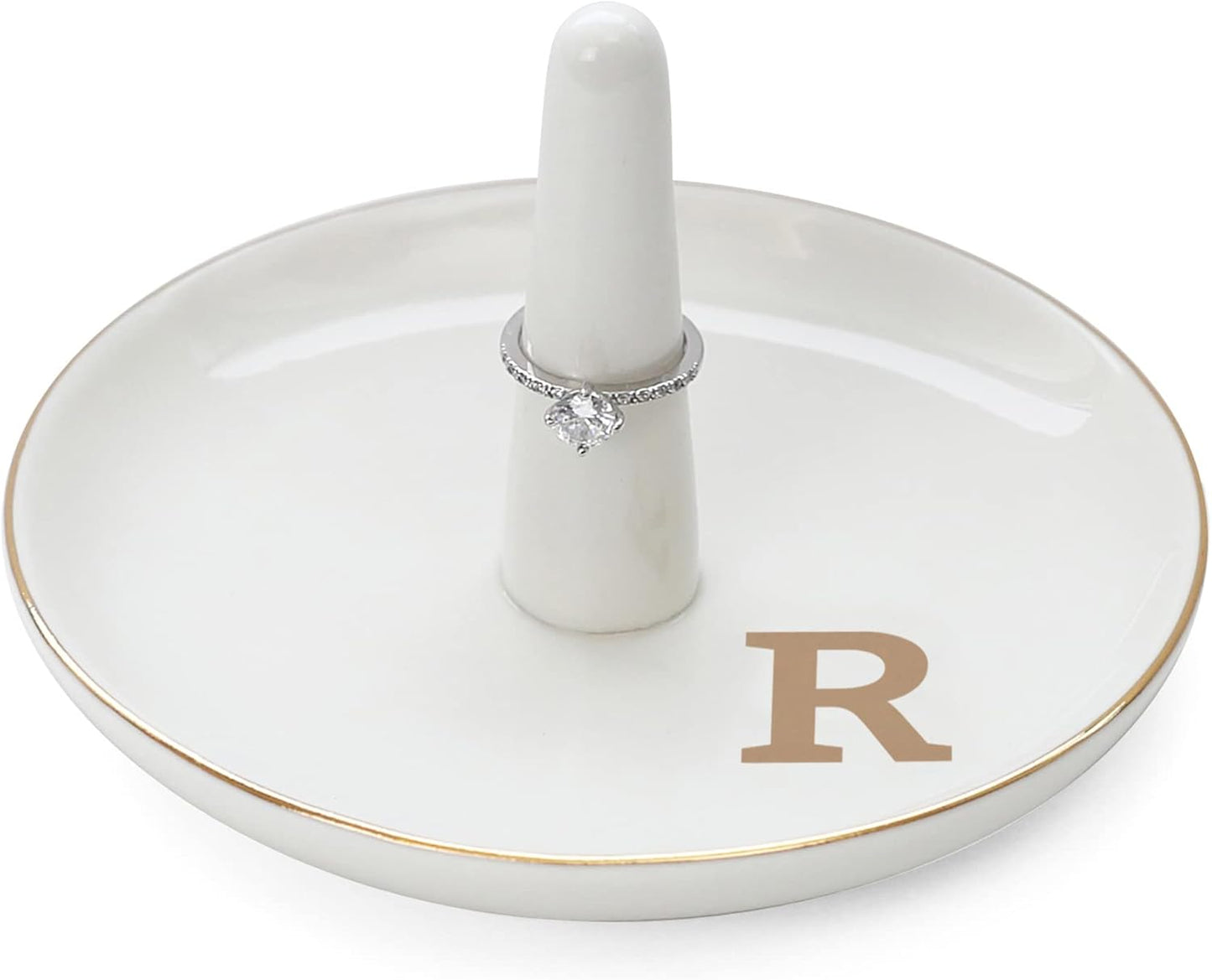 HOME SMILE Initials Ring Holder Jewery Tray with personalized R-Monogrammed Engagement Gifts for Friends,Birthday Mother's Day Christmas Gifts for Women,Ceramic White